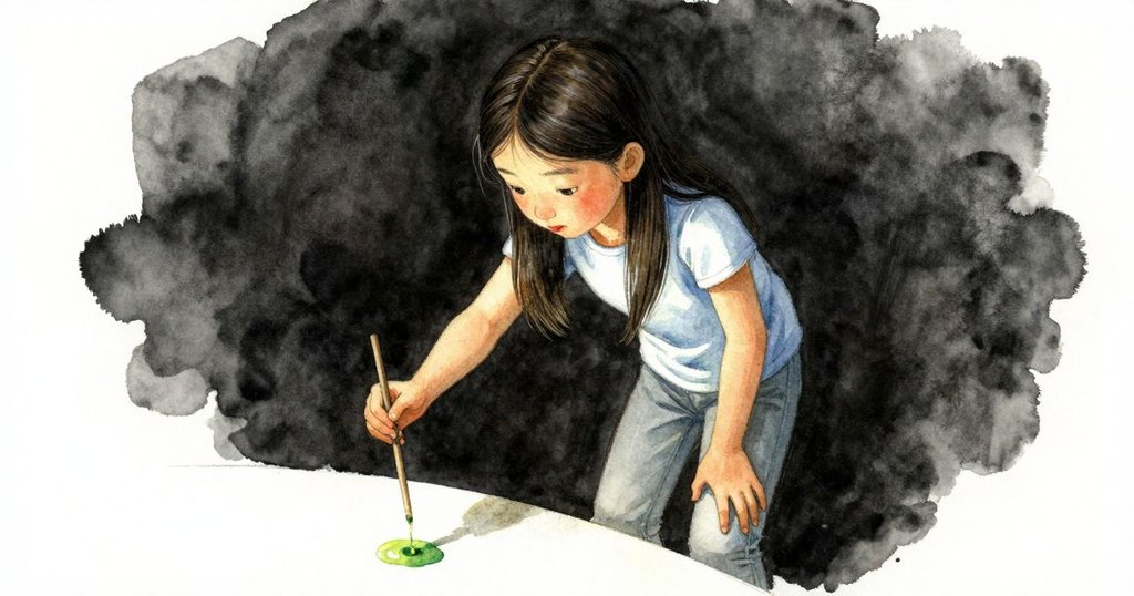 高角度俯瞰Maren專注臉龐與手中細棒沾取綠色油漆，表情認真，細節清晰。