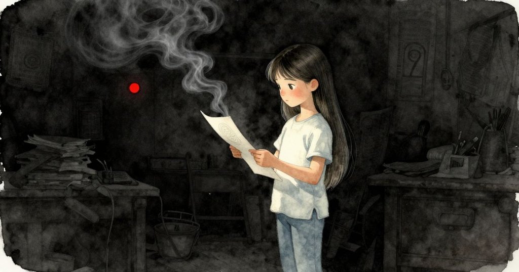 Maren舉起紙張，柔風輕拂漩渦延展，最終作品詩意盎然，氛圍曖昧，留白無限。