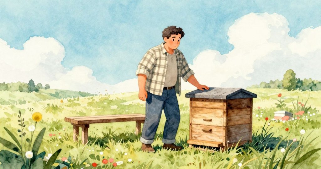 格雷姆走向蜂箱的場景，站在草地木椅旁，神情平靜，背景呈現蜂巢與綠色草原