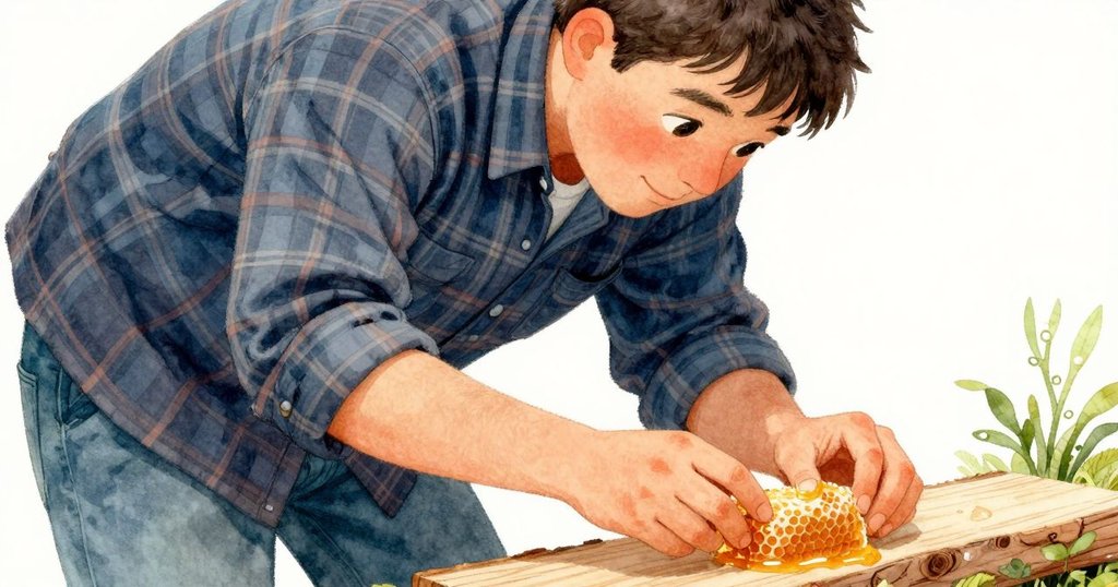 格雷姆的手仔細觸摸椅子木材紋理，缺少的楔子位置清晰可見，蜂巢裡的蜂蜜微微閃爍