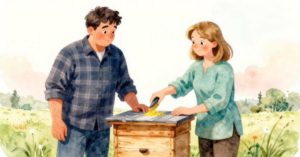 塔拉走近格雷姆檢查蜂箱，她輕拭衣袖花粉，神情溫柔，洋溢著和諧的好奇心