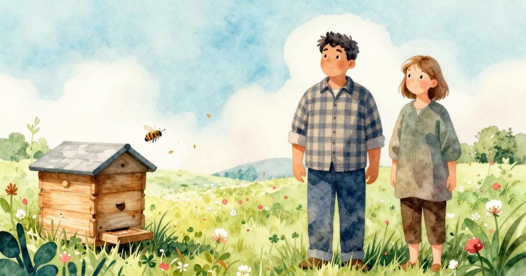 草地上微風輕拂著野花，蜂群於蜂巢間飛舞，場景充滿季節氛圍與自然活力