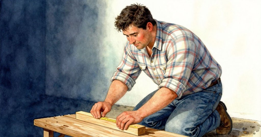 格雷姆跪在木椅旁，仔細測量新楔板，神情專注且平和，木質細節清晰可見