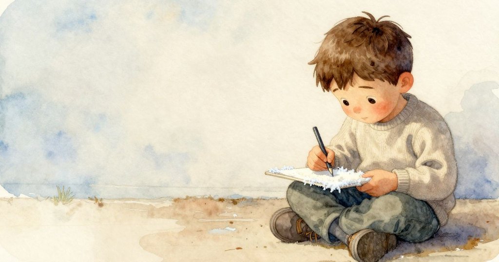 Niall專注調整畫冊, 桌上留白中散落炭灰, 捕捉窗外冰紋, 室內柔和光線中呈現專注與掙扎