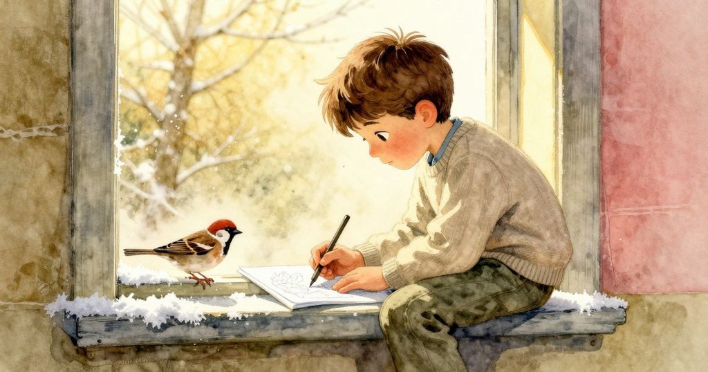 低角度呈現Niall專注畫作, 小鳥輕落凍窗邊, 早晨暖光中展現堅定與生機