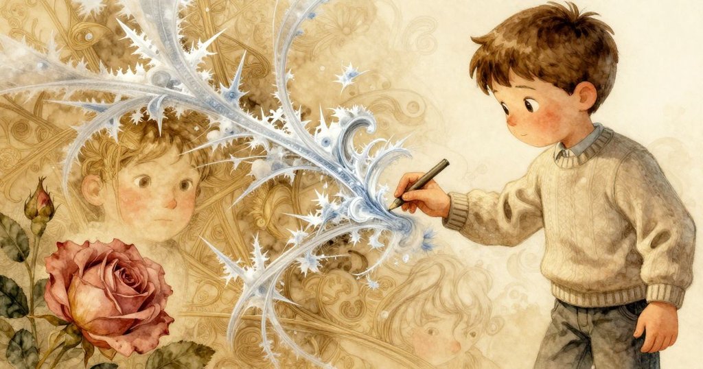 Niall手指輕觸畫紙, 黑炭與冰紋融合成超現實幾何圖形, 細膩光影中展現抽象創意