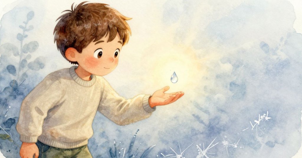 Niall凝望凍窗, 一滴水珠懸停其上, 細膩光影中呈現凝固時刻, 展示內心驚奇與柔美