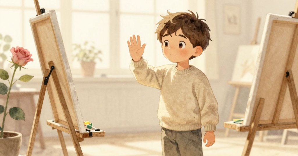 Niall輕揮手告別創作空間, 早晨溫暖光線中展現滿足與反思, 畫冊合上留白韻味