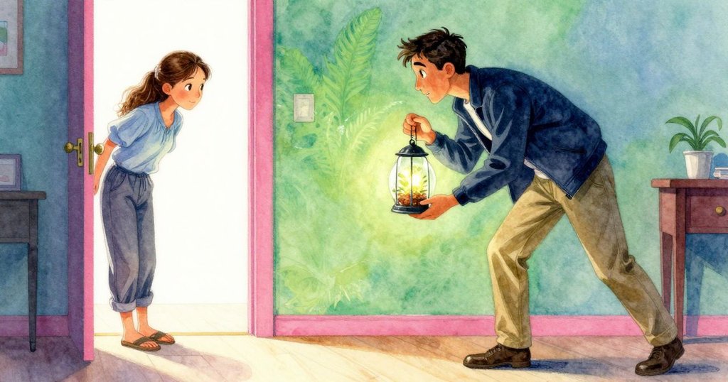 Gwen在門口凝視,Kieran傾斜手中密封玻璃容器,玻璃反射陽光,室內光影交錯,氛圍略帶懸疑。