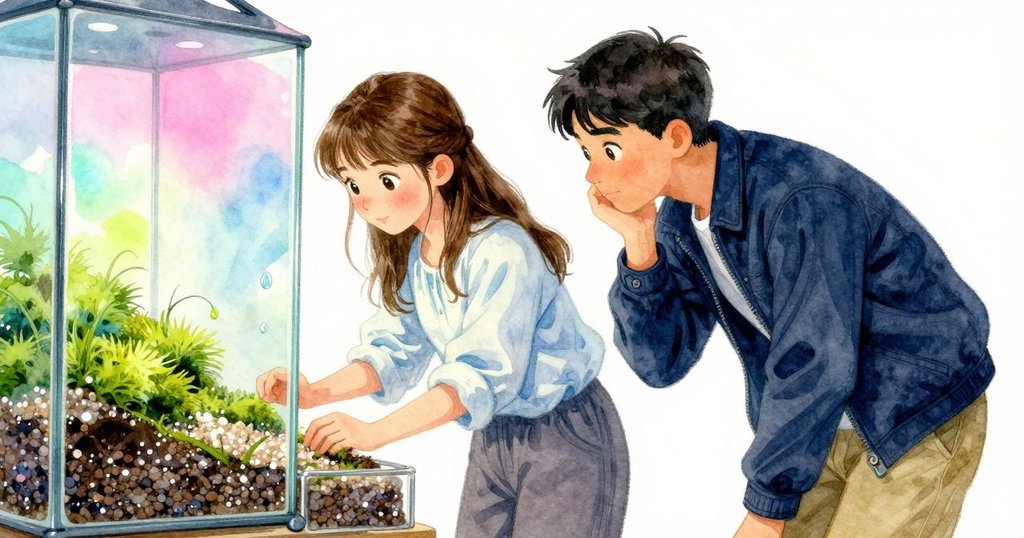 從小昆蟲視角看玻璃,閃亮礫石與綠苔交錯,水珠沿玻璃緩緩移動,細節豐富生動。