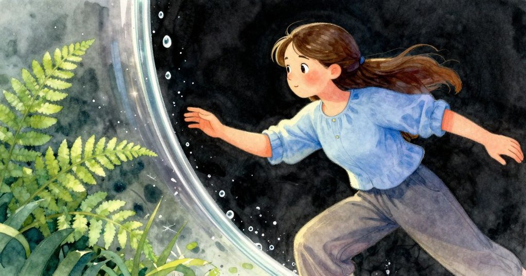 水滴在玻璃上急速移動,追逐模糊的綠蕨痕跡,Gwen伸手凝視,場景充滿動感與緊張氣氛。