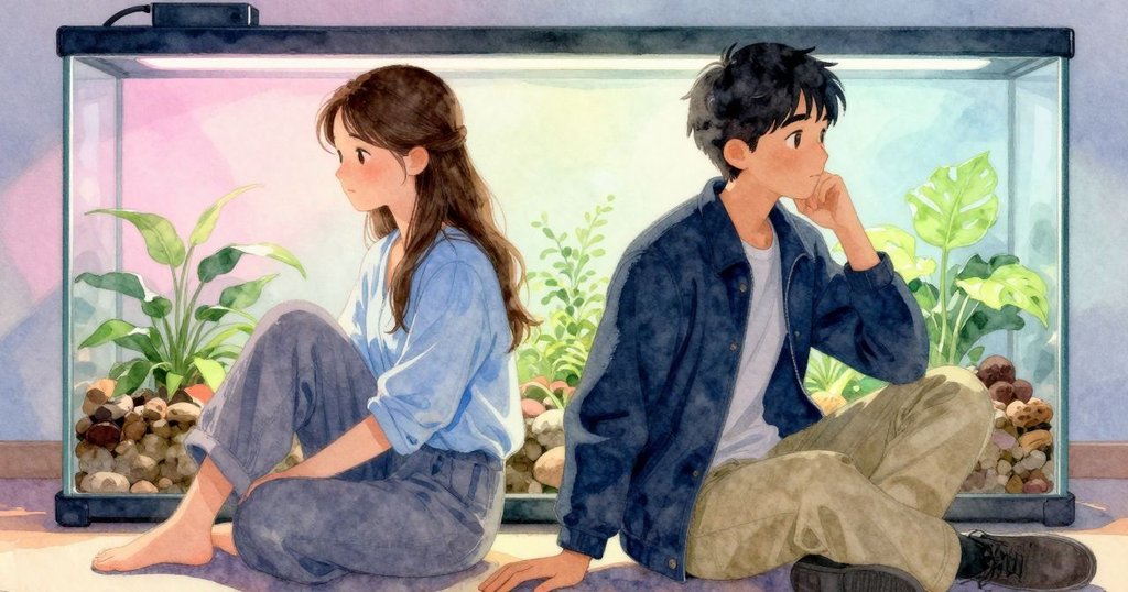 Gwen與Kieran在柔和光線中靜坐,玻璃容器溫暖微光映照兩人寧和表情,畫面充滿平靜與共鳴。