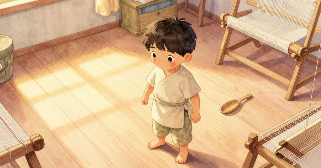 Grey走進織布間,光線從高窗灑下,映出落在地板上的織布針和細長線跡,他神情專注而好奇。