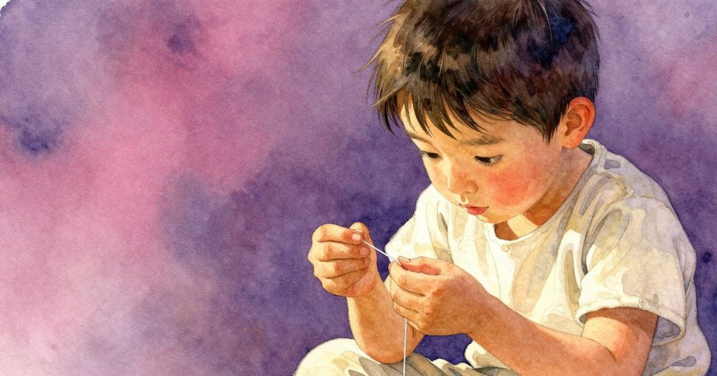 Grey近拍中專注地檢查織布針和細緻羊毛,他的眼神充滿了疑惑與決心,手指輕觸細節。