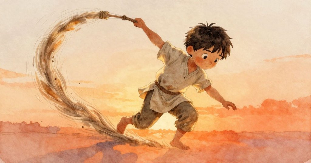 一隻織布針正以彎曲軌跡下墜,光影交錯間,Grey位於背景中迅速伸手示意驚訝與急促動作。