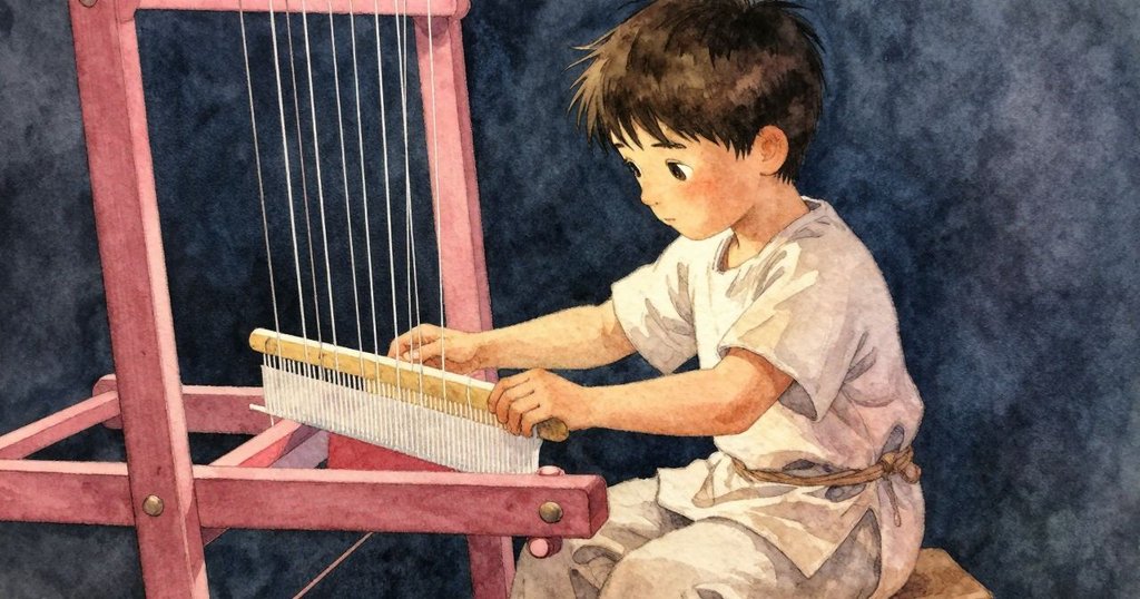 在織機突發震動的剎那,Grey靜止中注視著微顫的線條和木機機件,背景暖光中散落著飛舞微塵,情感轉為安心。