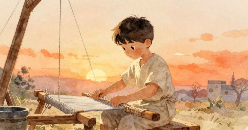 最終,Grey靜謐地將織布針重新穿線後放回工作臺上,柔和的黃光映襯出室內寧靜與修繕完成的溫馨氛圍。