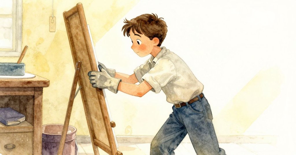 Sawyer在古老工作坊中輕推轉盤,呈傾斜視角,窗外光線柔和,表情專注好奇