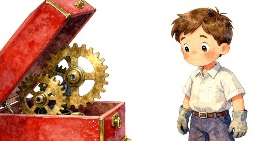 Sawyer細心觀察隱藏機關,漆盒微傾顯示銅齒與掛鉤,光影交錯寓意深遠