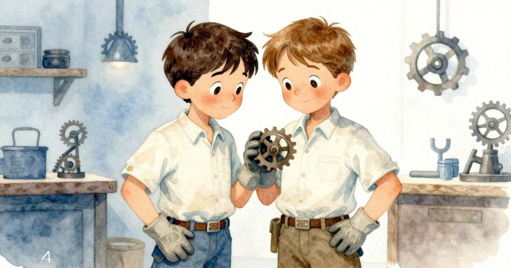 Sawyer用手指輕觸機械連接處,背景層次分明,木與銅件細節豐富,流露探索之情