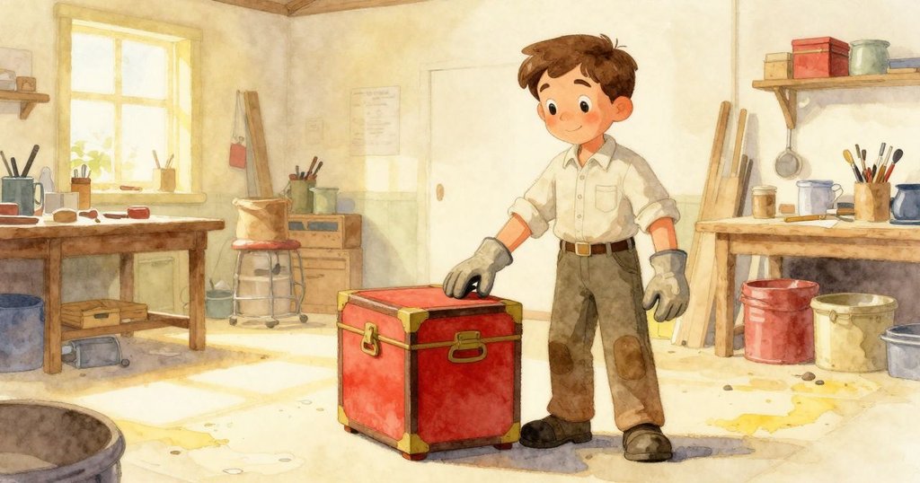 Sawyer滿懷喜悅輕觸轉動中的漆盒,工作坊中溫暖光線分枝照耀,展現解謎後的平靜與慶祝