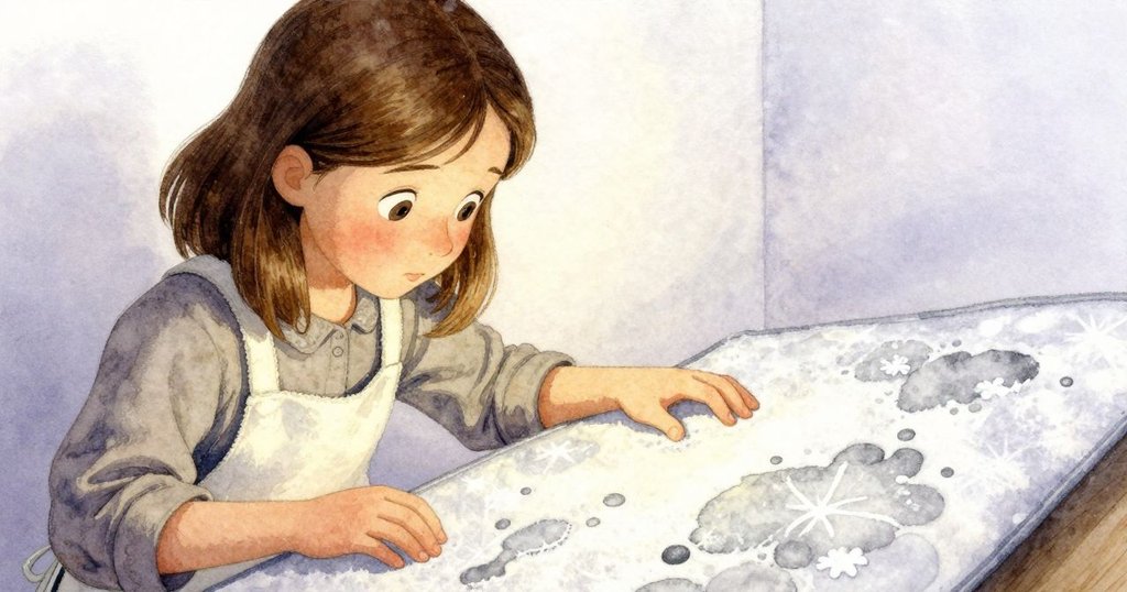 菲比靠近工作臺，注視毛氈上空白輪廓，手輕觸檢查，臉上流露出驚奇與思索的神情