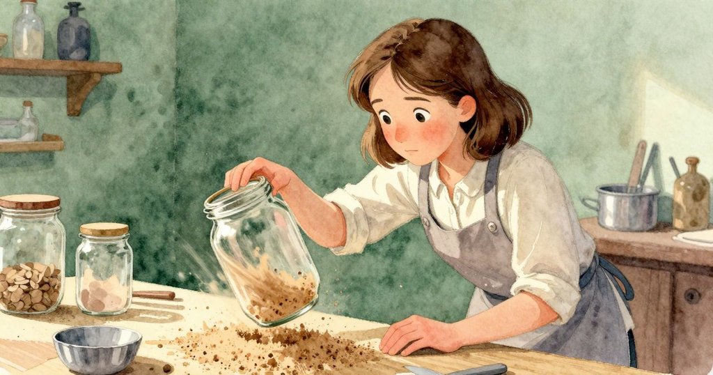 菲比注意到桌上沙塵中盤子旋轉，視角傾斜動態，燈光強烈對比，動作明快且充滿懸疑