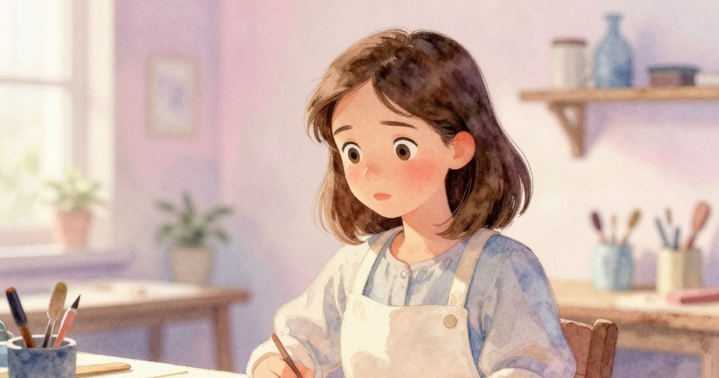 菲比在工作間回憶線索，柔和粉紫色調中透出懷舊與決心，神情溫柔而深沉