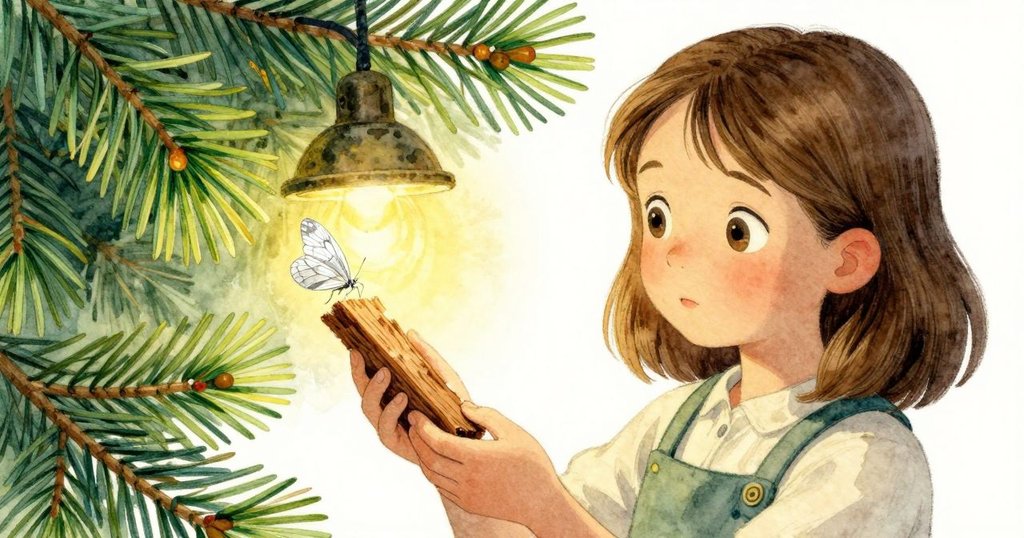 菲比跪在窗邊，專注操作雪松木片，輕托琥珀，燈光下昆蟲翅膀細緻清晰，動作溫柔而認真