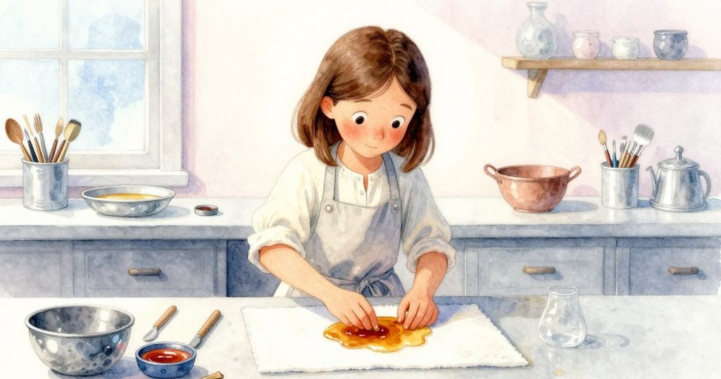 菲比將琥珀置於毛氈上，燈光柔和映照工作間，環境回環初始情景，充滿滿足與靜謐之感