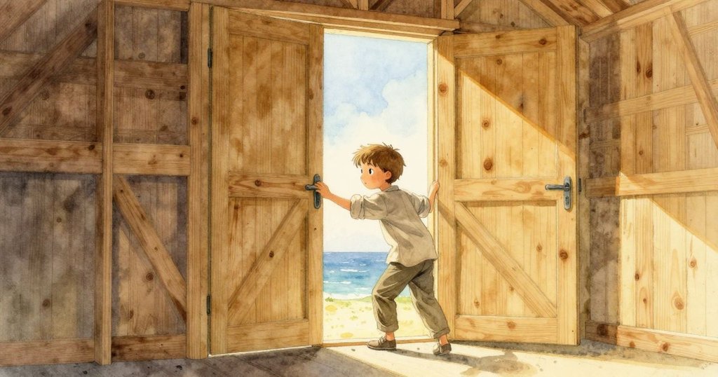 托賓推開舊木屋門,室內昏暗帶有神秘科技氛圍,托賓動作堅定,環境充滿懸疑氣息