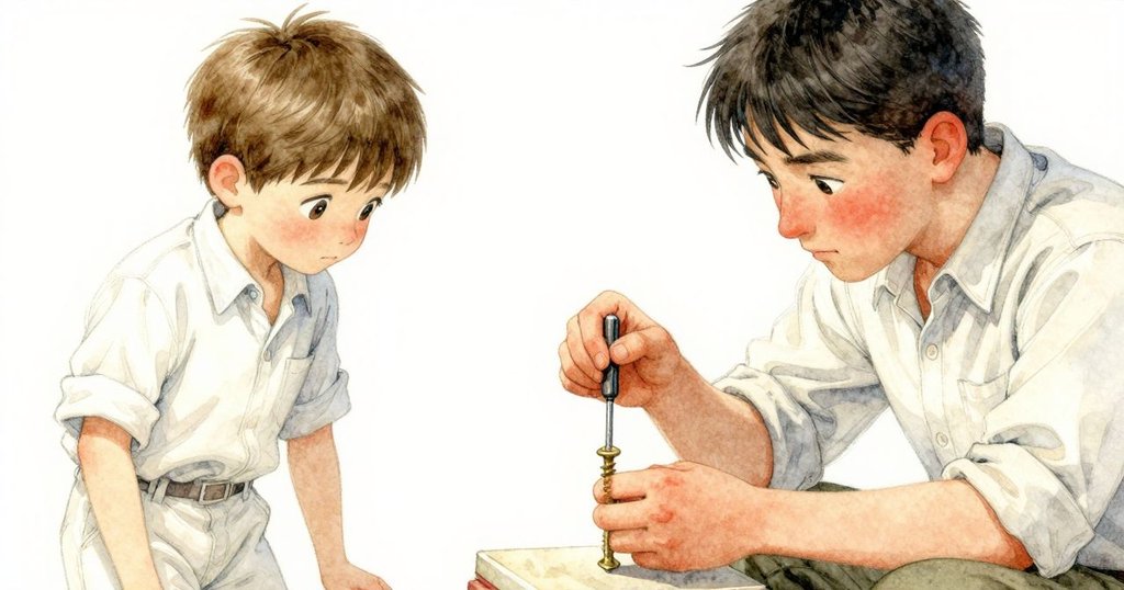 托賓專注調整工具,近距離呈現細緻螺絲與手部動作,光影柔和,充滿專注氣氛