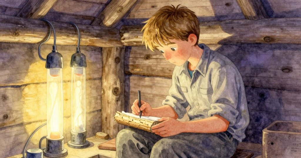 托賓於隱蔽小角落坐著記錄,背景為發光管與未完成木牆,營造神秘且溫暖氛圍