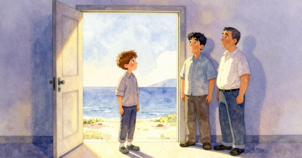 托賓與卡爾站在敞開的舊屋門前,共同凝望遠方海岸,燈光柔和,表情充滿期待與沉著