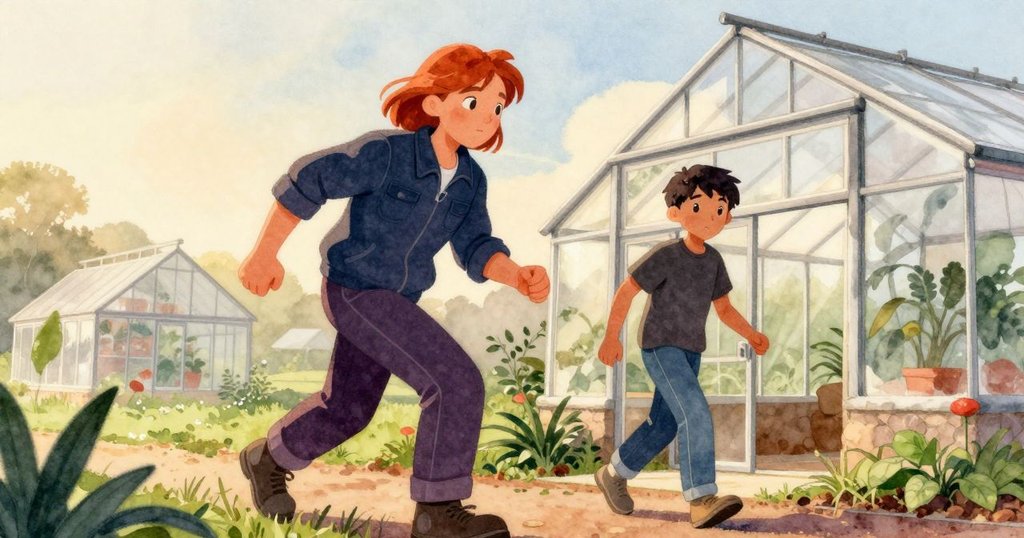 奧利安與喬埃爾在晨曦中走進溫室，柔和光線灑落植物上，迎向神秘灑水器，神情充滿期待