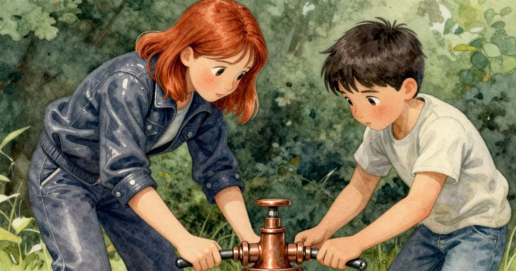 喬埃爾專注雙手操作灑水器槓桿，細緻觸碰銅管接合點，溫室背景模糊呈現細節