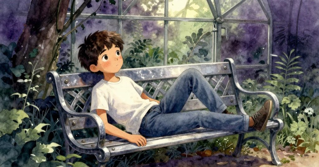 從小生物視角看見奧利安靠著鐵椅休息，背景中灑水器與植物隱約呈現，神情平靜