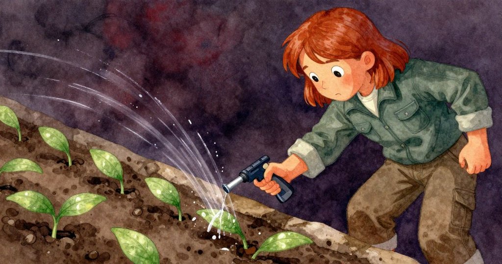 喬埃爾分離灑水線，水滴在苗圃上形成優雅弧線，凝固瞬間顯示出專注與緊張氛圍