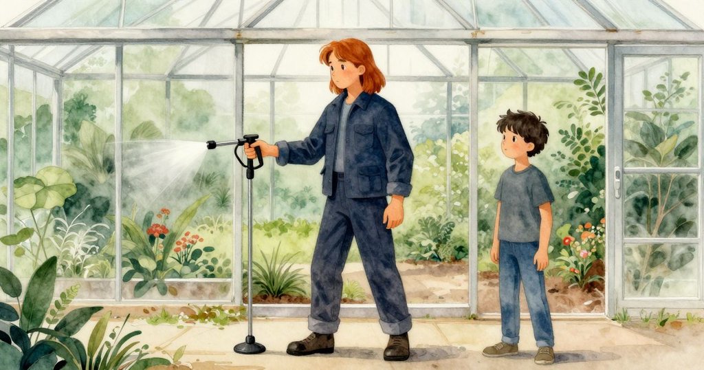 奧利安與喬埃爾在運作中的灑水器旁交換寬慰目光，溫室環境恢復平靜，呈現反思與和諧狀態