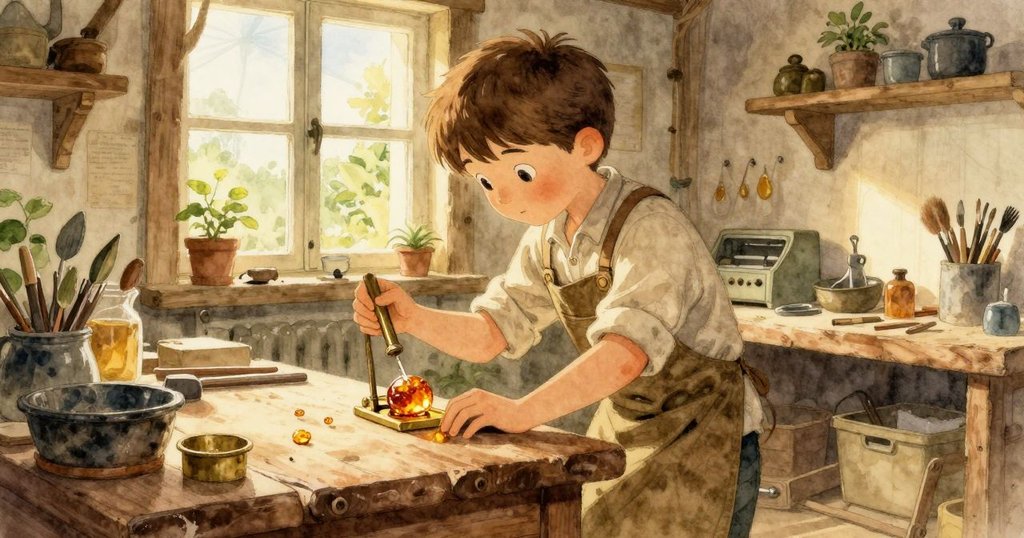 班在溫暖工作坊中檢查琥珀，窗外晨光柔和灑入，環境充滿初晨金色與自然木質紋理