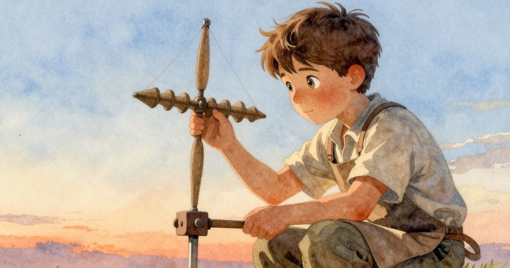 班注視著夾具中露出細軸，眼神中充滿好奇與驚奇，工作臺細節與溫暖光線交織