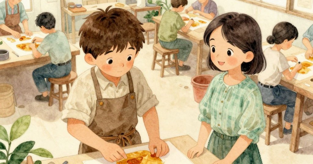 高角度下班與薇芙同時在工作坊忙碌，班調整琥珀裝置，薇芙靜靜觀察環境充滿溫暖光線