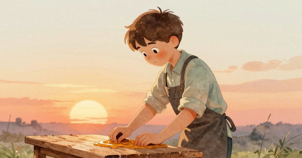 班在傍晚溫暖夕陽下細心清理工作台，木紋與刮痕細節展現專注與歷史痕跡