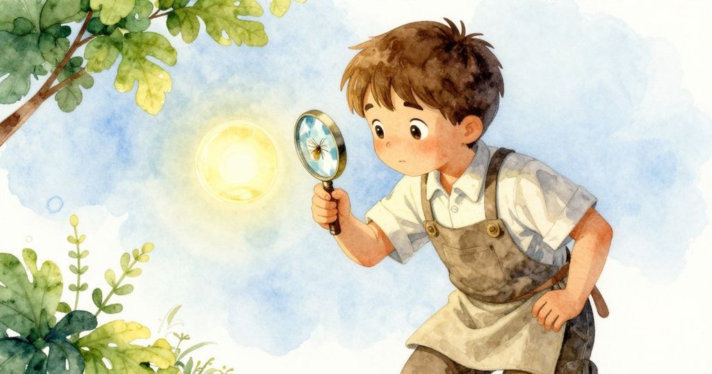 班仔細使用放大鏡觀察琥珀表面的小昆蟲輪廓，燈光聚焦下展現驚喜與探索情緒