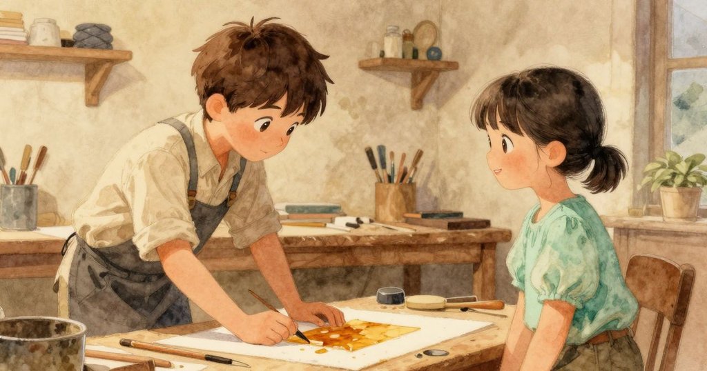 班與薇芙在溫馨工作坊中交換滿意點頭，完成的琥珀作品放在工作台上，光線柔和氛圍平靜