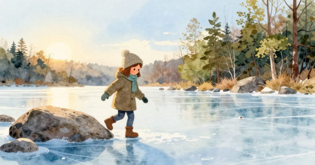 塔姆辛從巨石上走向冰凍湖面,冰上有銅鎖閃爍,樺樹上烏鴉靜靜守候,展現奇妙開端