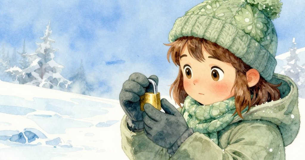 塔姆辛蹲下仔細檢查鎖頭,神情充滿好奇,手部動作細膩,背景映襯著冰霜光影