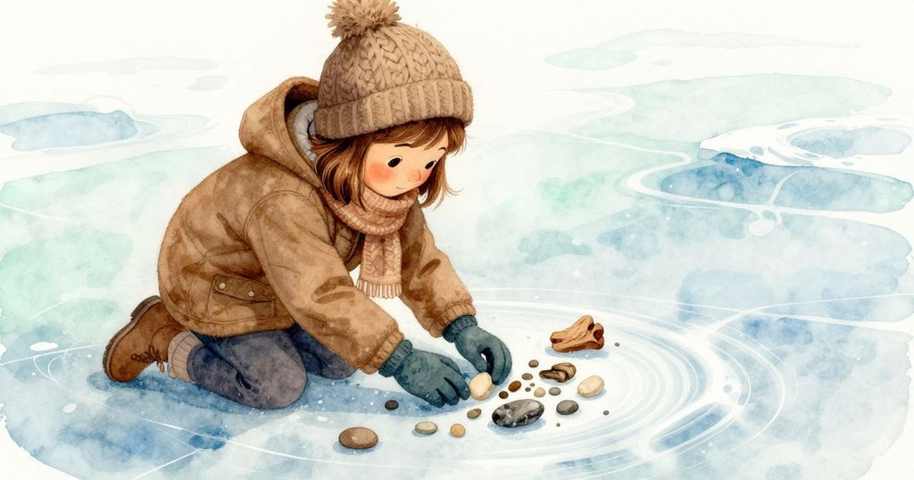 塔姆辛用石子、樺樹皮和苔蘚在冰面上排列出漩渦圖樣,動作專注且充滿神秘感