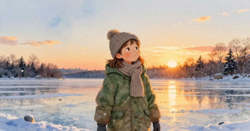 黃昏下塔姆辛將未鎖的鎖頭收入外套口袋,雪花輕飄落,冰面上石圈隨著光影逐漸消融,充滿寧靜情感