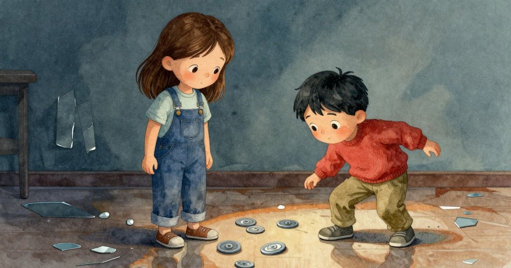 女孩小心移動腳步，地板上散落著吸盤，鏡面映出門狀圖像，充滿謹慎與新發現的氣氛